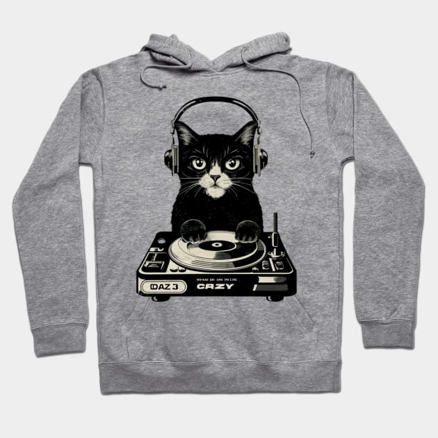 Black Cat DJ Crazy Vintage Funny Cat Hoodie by Ratchyshop